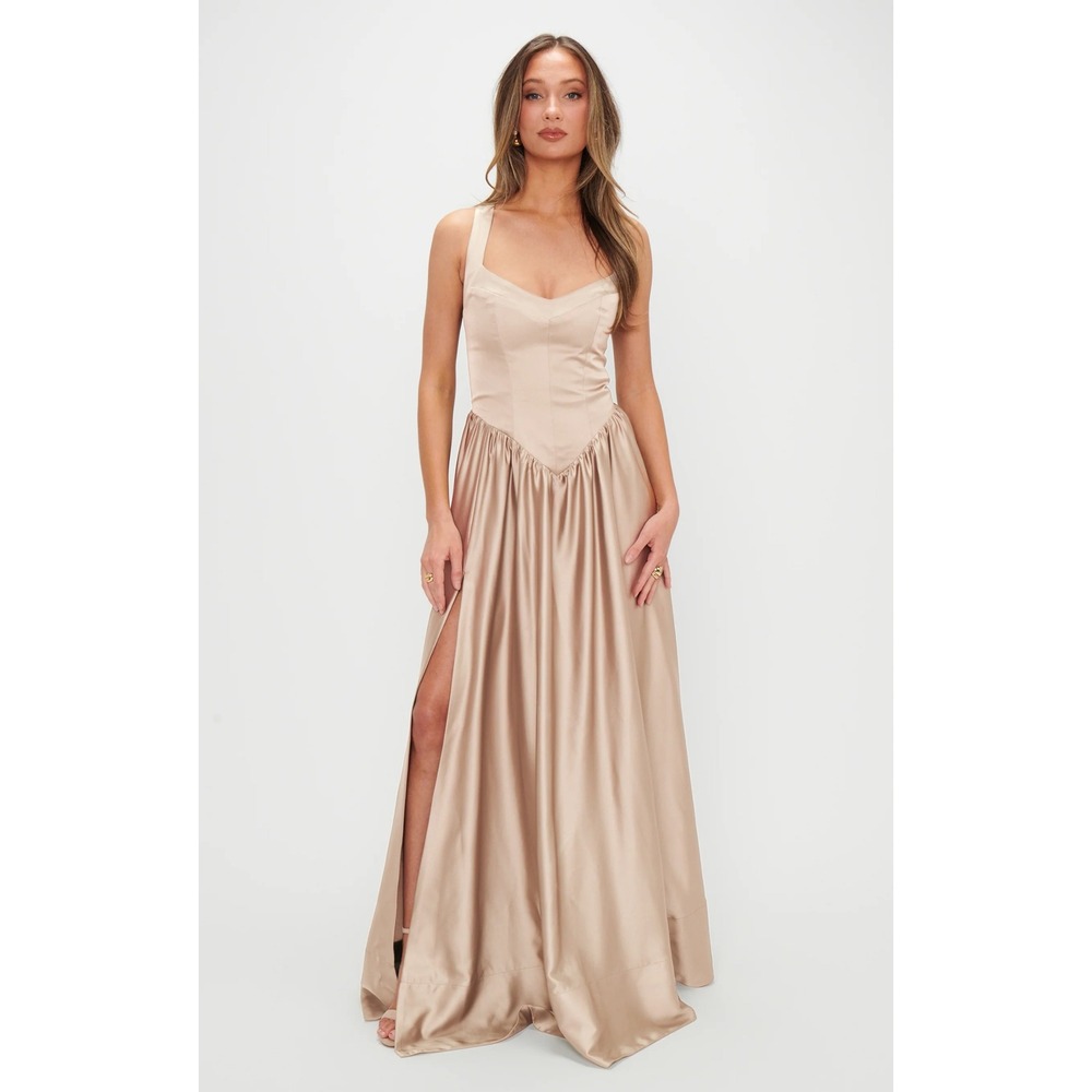 Champagne Satin Corset Maxi Dress Sweetheart Neck Open Tie Back Side Slit Gown